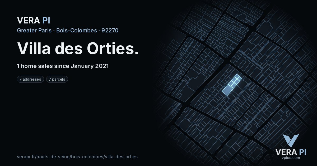 Villa des Orties, Bois-Colombes at night – every parcel coloured by the prices around it, the street's own parcels lit