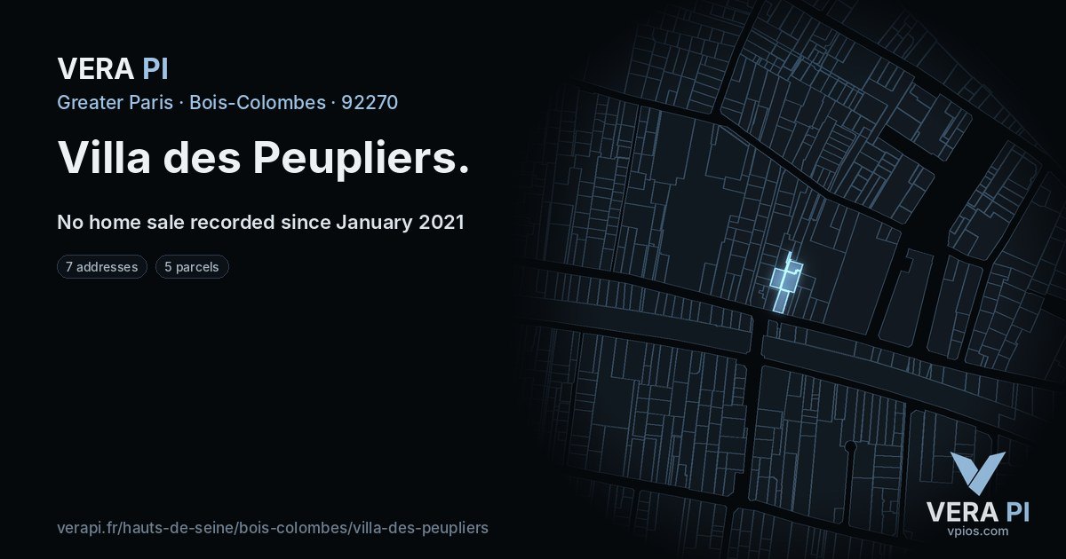 Villa des Peupliers, Bois-Colombes at night – every parcel coloured by the prices around it, the street's own parcels lit