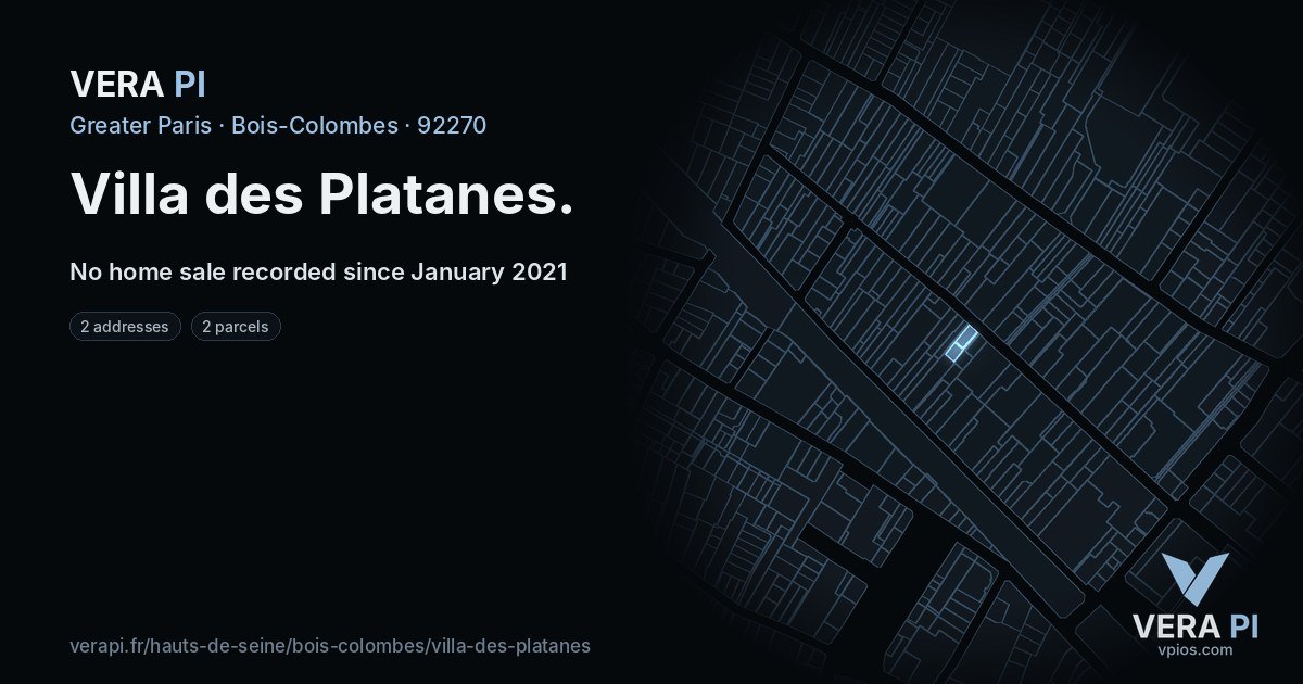 Villa des Platanes, Bois-Colombes at night – every parcel coloured by the prices around it, the street's own parcels lit