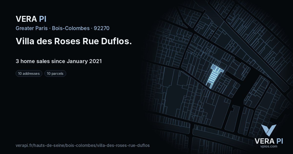 Villa des Roses Rue Duflos, Bois-Colombes at night – every parcel coloured by the prices around it, the street's own parcels lit
