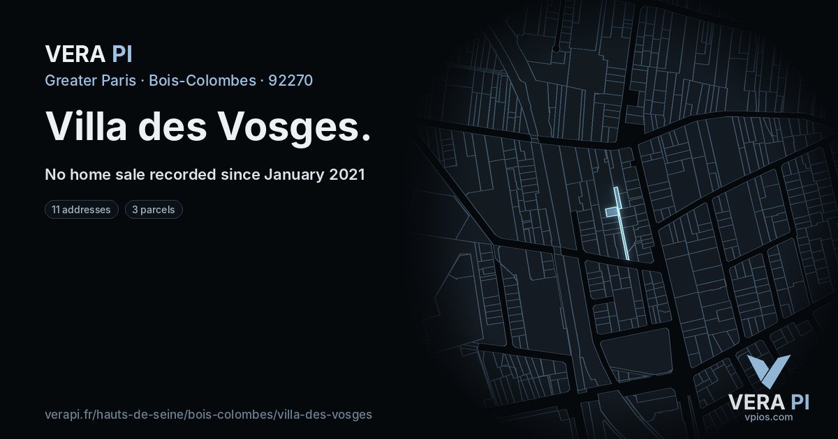 Villa des Vosges, Bois-Colombes at night – every parcel coloured by the prices around it, the street's own parcels lit
