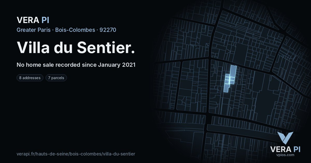 Villa du Sentier, Bois-Colombes at night – every parcel coloured by the prices around it, the street's own parcels lit