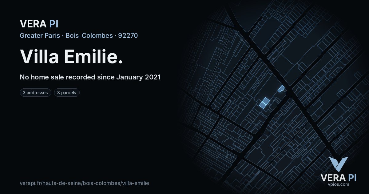 Villa Emilie, Bois-Colombes at night – every parcel coloured by the prices around it, the street's own parcels lit