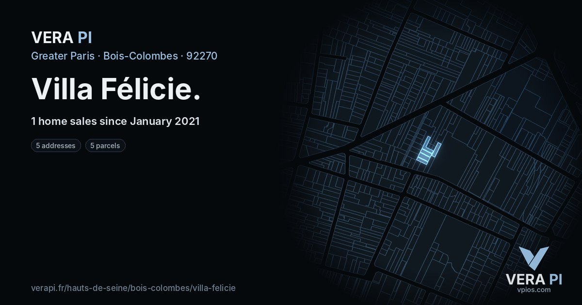 Villa Félicie, Bois-Colombes at night – every parcel coloured by the prices around it, the street's own parcels lit