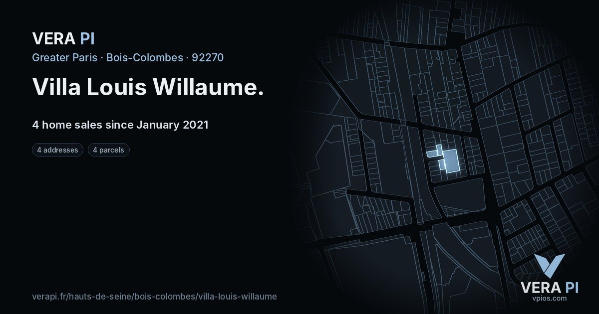 Villa Louis Willaume, Bois-Colombes at night – every parcel coloured by the prices around it, the street's own parcels lit