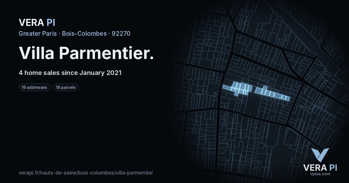 Villa Parmentier, Bois-Colombes at night – every parcel coloured by the prices around it, the street's own parcels lit
