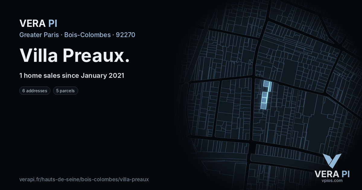 Villa Preaux, Bois-Colombes at night – every parcel coloured by the prices around it, the street's own parcels lit
