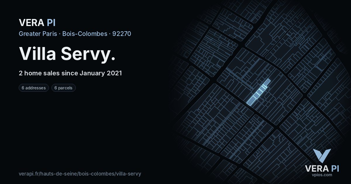Villa Servy, Bois-Colombes at night – every parcel coloured by the prices around it, the street's own parcels lit
