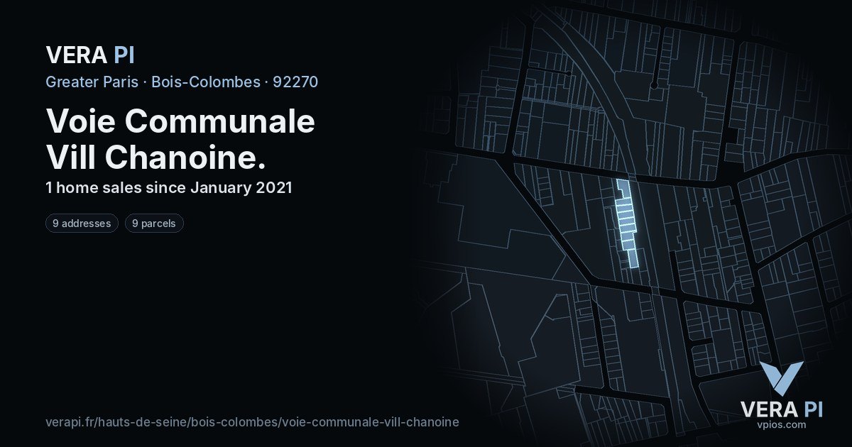 Voie Communale Vill Chanoine, Bois-Colombes at night – every parcel coloured by the prices around it, the street's own parcels lit