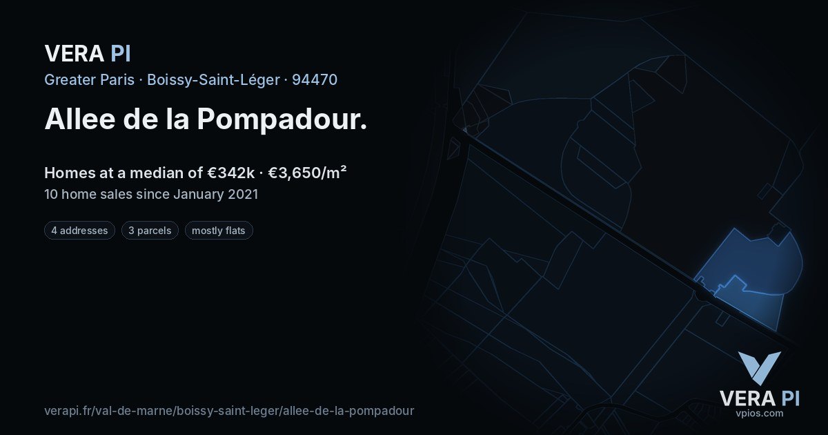 Allee de la Pompadour, Boissy-Saint-Léger at night – every parcel coloured by the prices around it, the street's own parcels lit