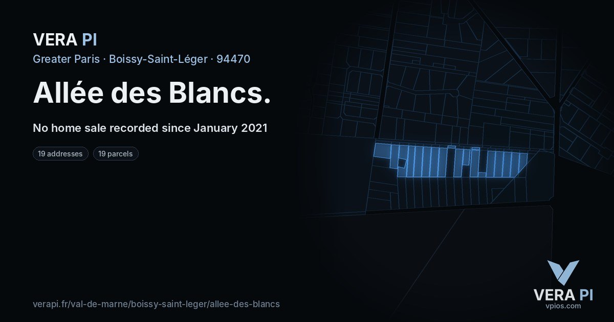 Allée des Blancs, Boissy-Saint-Léger at night – every parcel coloured by the prices around it, the street's own parcels lit