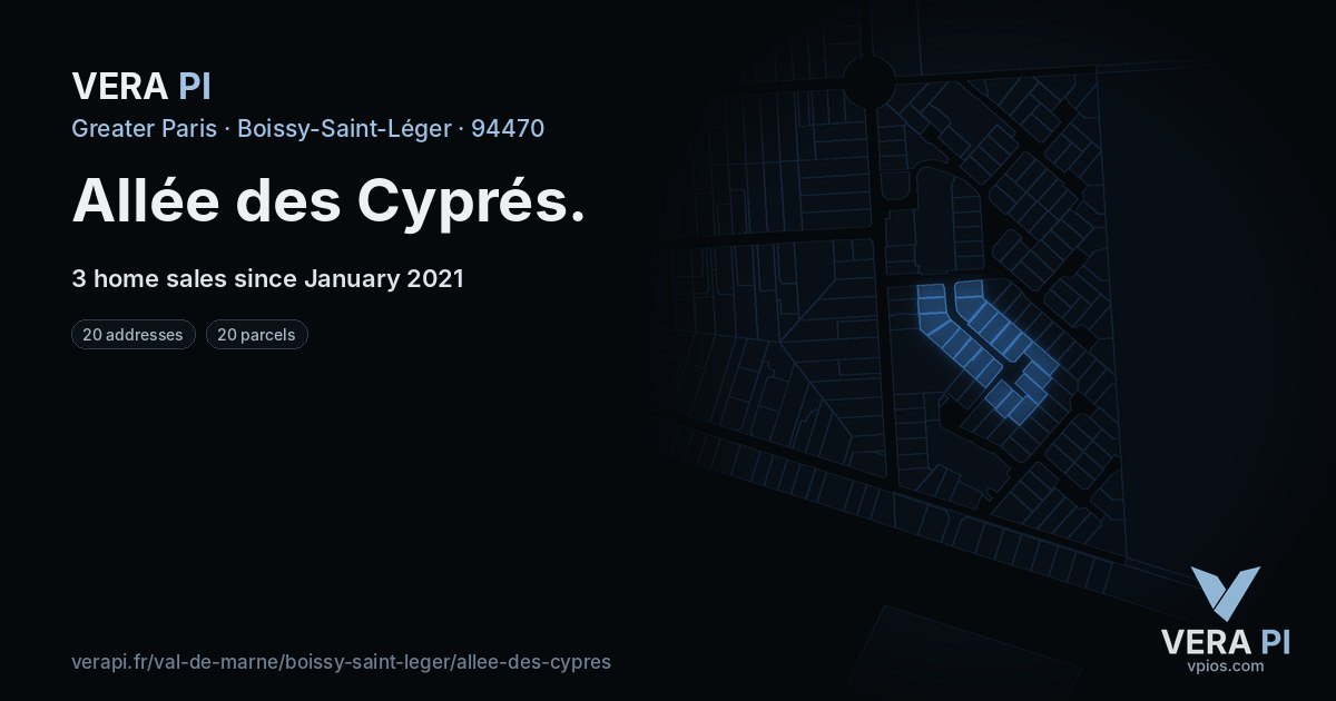 Allée des Cyprés, Boissy-Saint-Léger at night – every parcel coloured by the prices around it, the street's own parcels lit