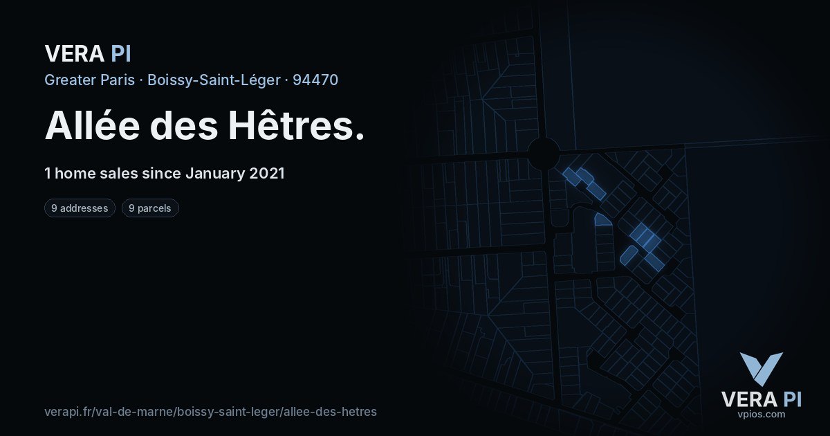 Allée des Hêtres, Boissy-Saint-Léger at night – every parcel coloured by the prices around it, the street's own parcels lit