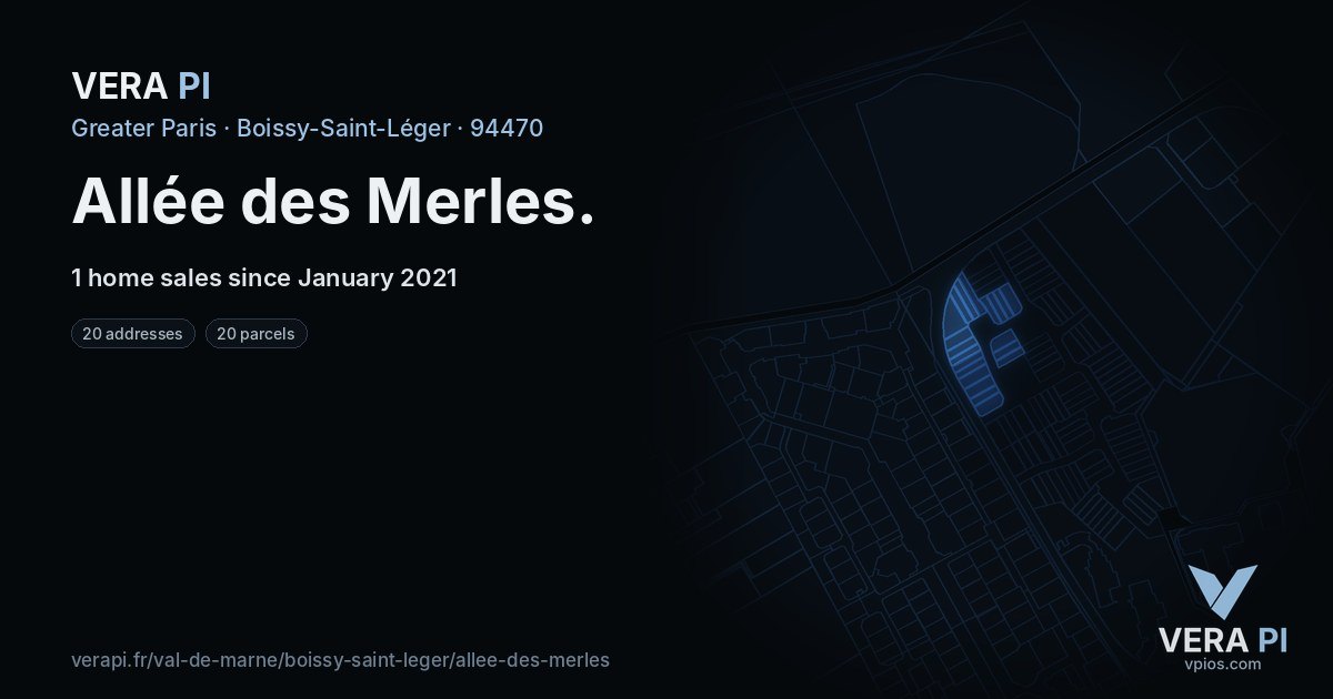 Allée des Merles, Boissy-Saint-Léger at night – every parcel coloured by the prices around it, the street's own parcels lit