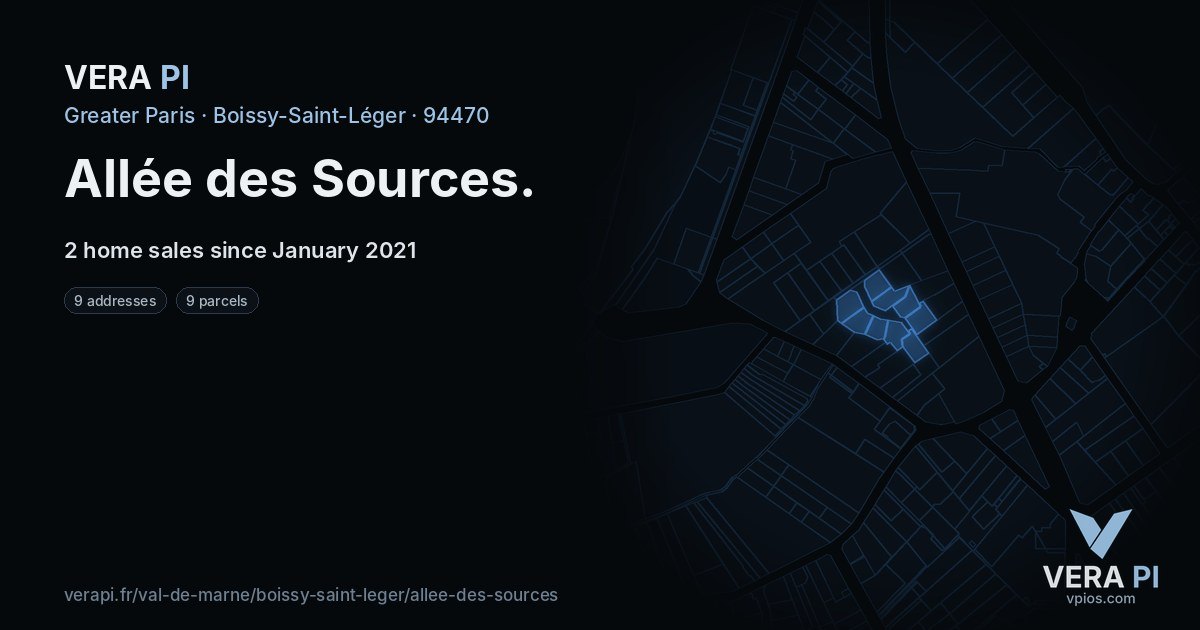 Allée des Sources, Boissy-Saint-Léger at night – every parcel coloured by the prices around it, the street's own parcels lit
