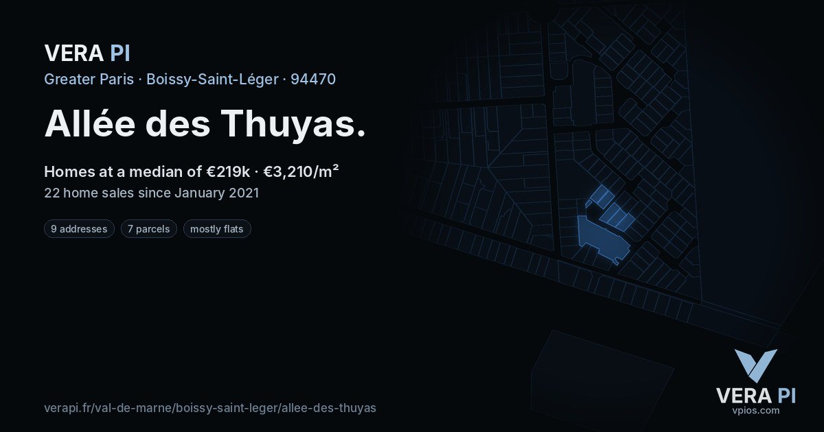 Allée des Thuyas, Boissy-Saint-Léger at night – every parcel coloured by the prices around it, the street's own parcels lit