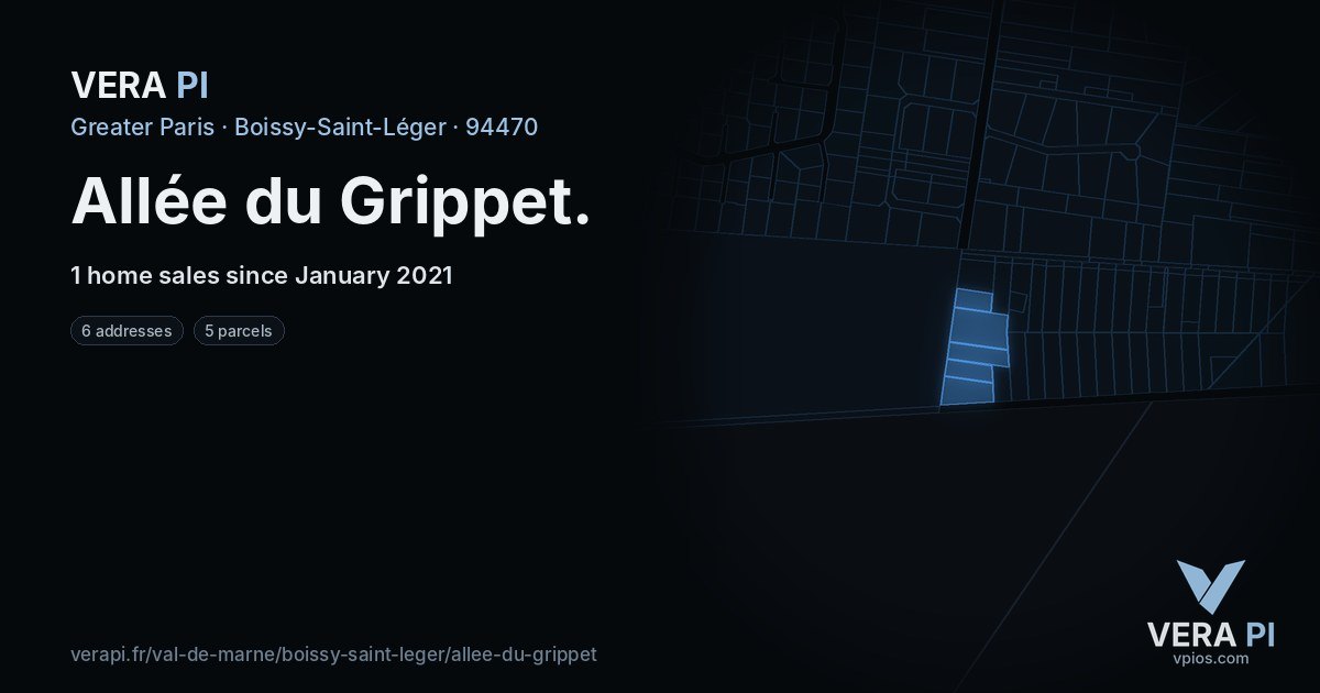 Allée du Grippet, Boissy-Saint-Léger at night – every parcel coloured by the prices around it, the street's own parcels lit