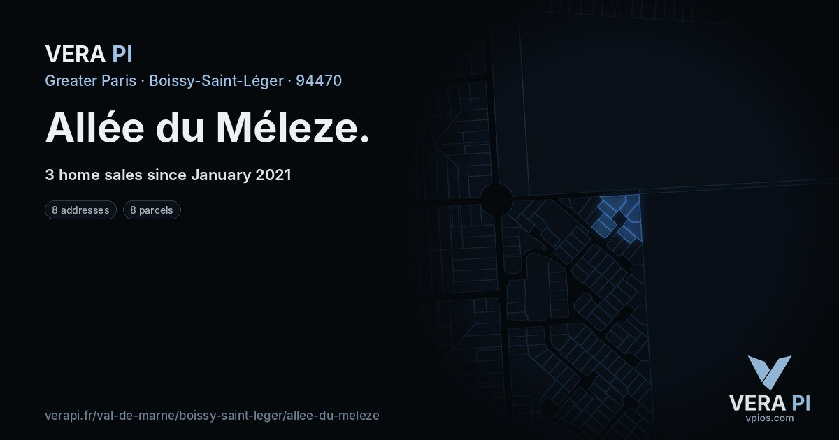Allée du Méleze, Boissy-Saint-Léger at night – every parcel coloured by the prices around it, the street's own parcels lit