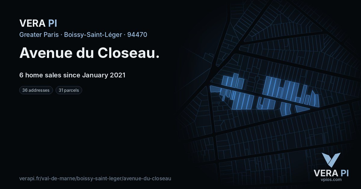 Avenue du Closeau, Boissy-Saint-Léger at night – every parcel coloured by the prices around it, the street's own parcels lit