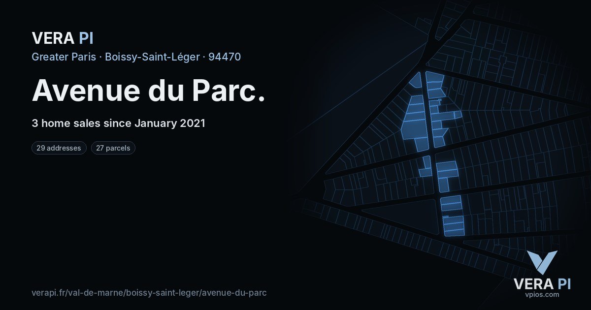 Avenue du Parc, Boissy-Saint-Léger at night – every parcel coloured by the prices around it, the street's own parcels lit