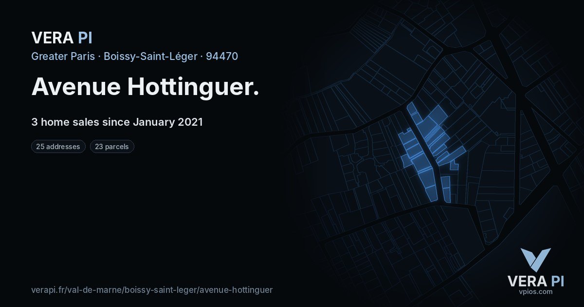 Avenue Hottinguer, Boissy-Saint-Léger at night – every parcel coloured by the prices around it, the street's own parcels lit