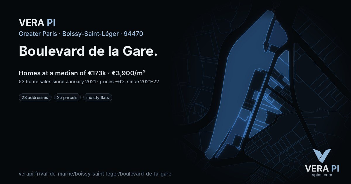 Boulevard de la Gare, Boissy-Saint-Léger at night – every parcel coloured by the prices around it, the street's own parcels lit