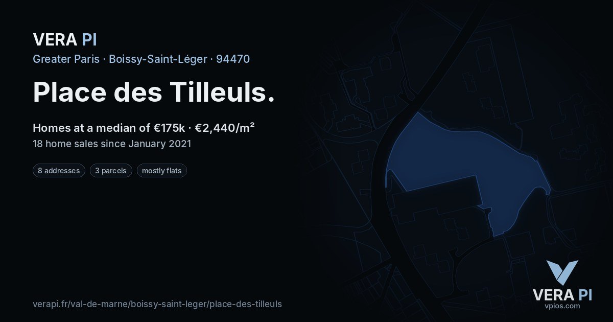 Place des Tilleuls, Boissy-Saint-Léger at night – every parcel coloured by the prices around it, the street's own parcels lit