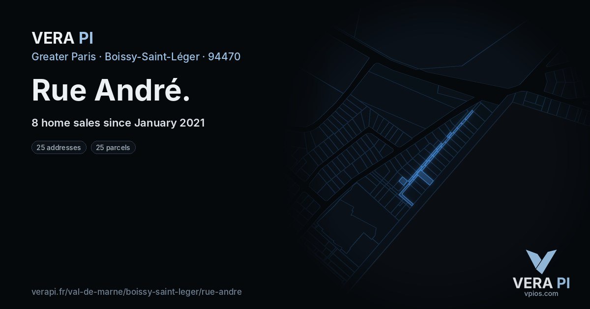 Rue André, Boissy-Saint-Léger at night – every parcel coloured by the prices around it, the street's own parcels lit