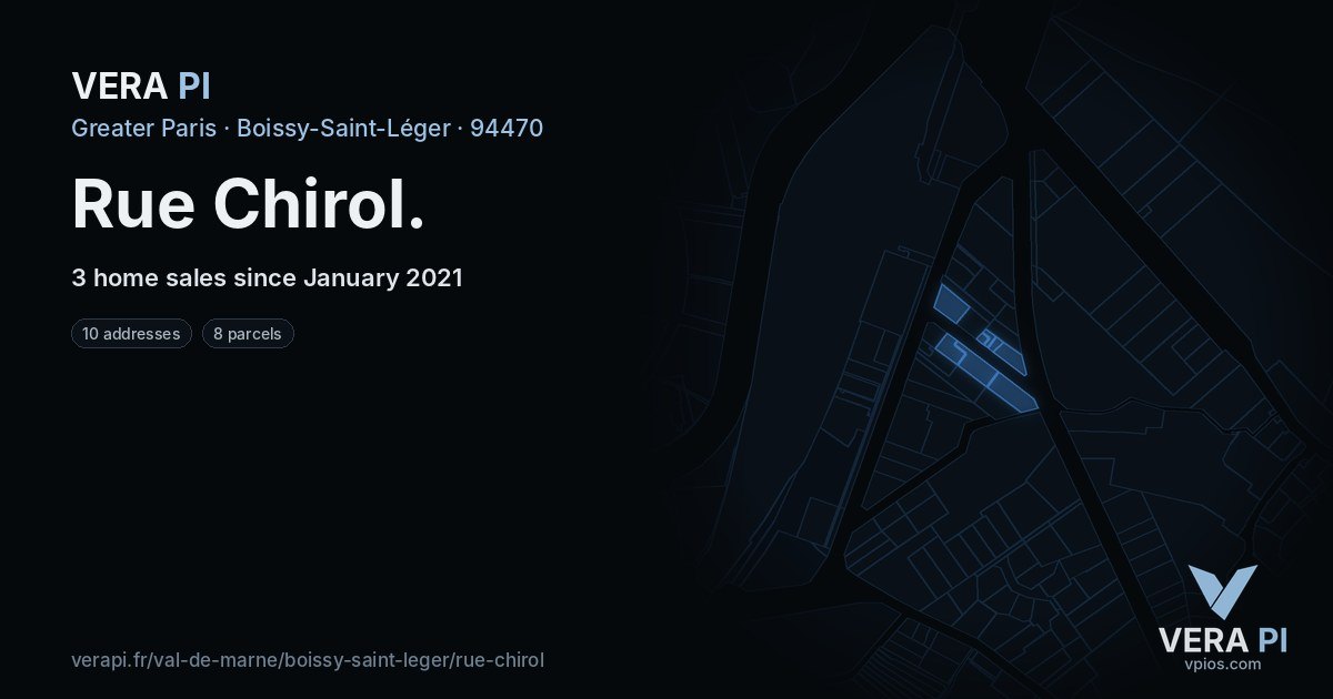 Rue Chirol, Boissy-Saint-Léger at night – every parcel coloured by the prices around it, the street's own parcels lit