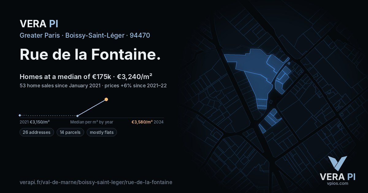 Rue de la Fontaine, Boissy-Saint-Léger at night – every parcel coloured by the prices around it, the street's own parcels lit