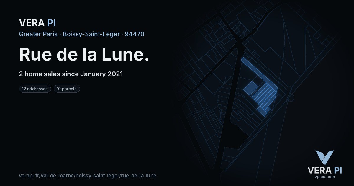 Rue de la Lune, Boissy-Saint-Léger at night – every parcel coloured by the prices around it, the street's own parcels lit