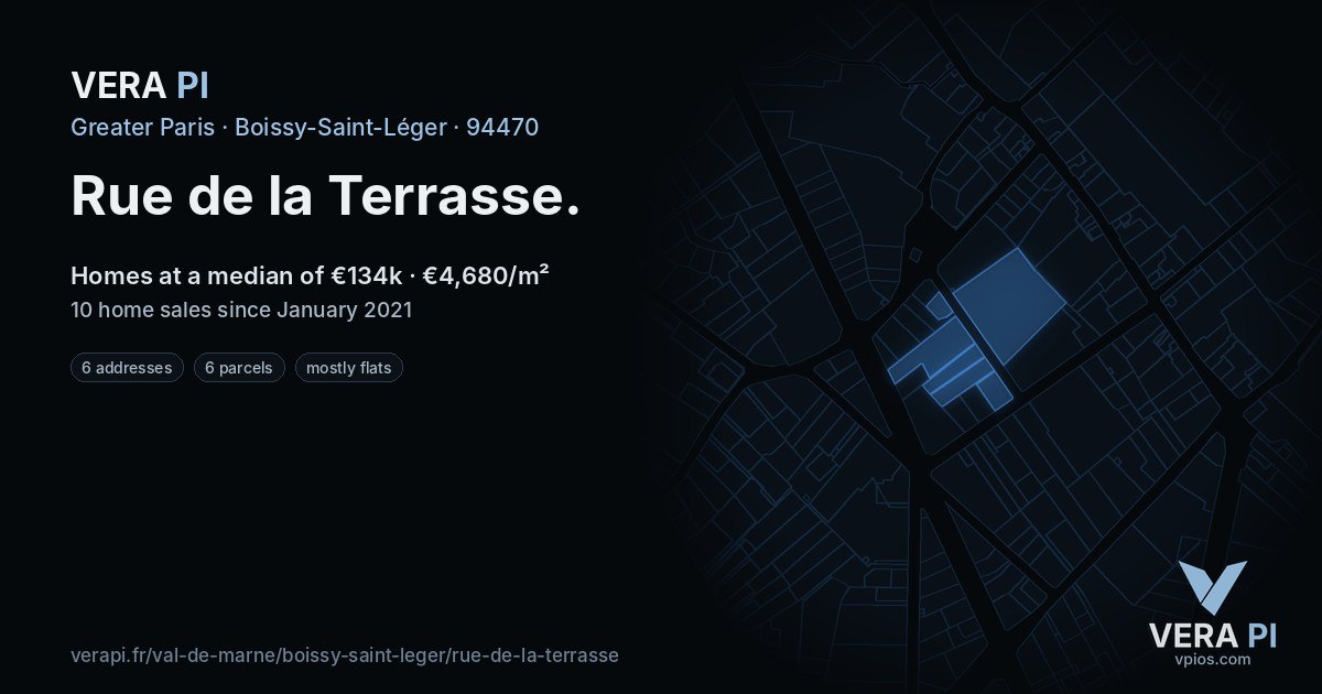 Rue de la Terrasse, Boissy-Saint-Léger at night – every parcel coloured by the prices around it, the street's own parcels lit