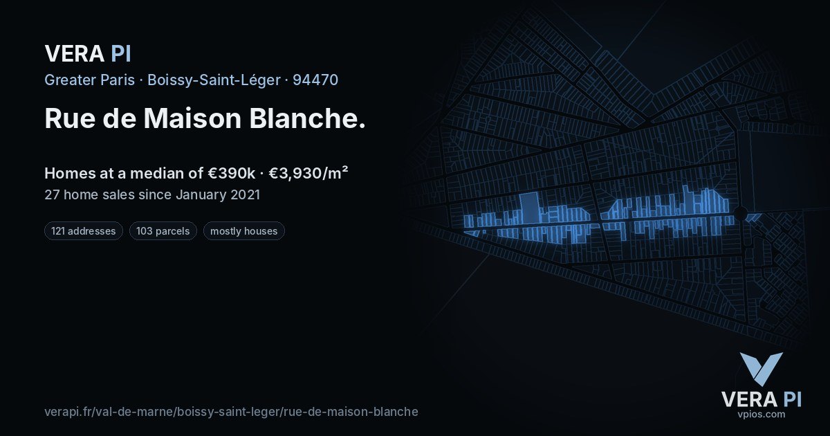 Rue de Maison Blanche, Boissy-Saint-Léger at night – every parcel coloured by the prices around it, the street's own parcels lit