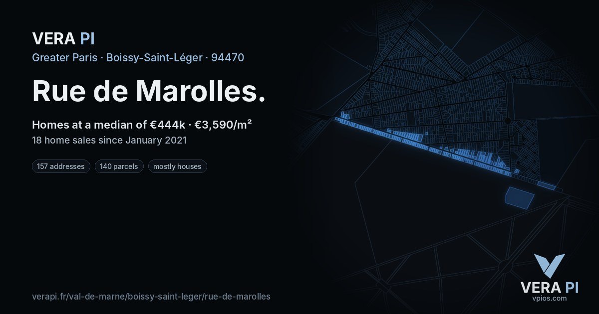 Rue de Marolles, Boissy-Saint-Léger at night – every parcel coloured by the prices around it, the street's own parcels lit