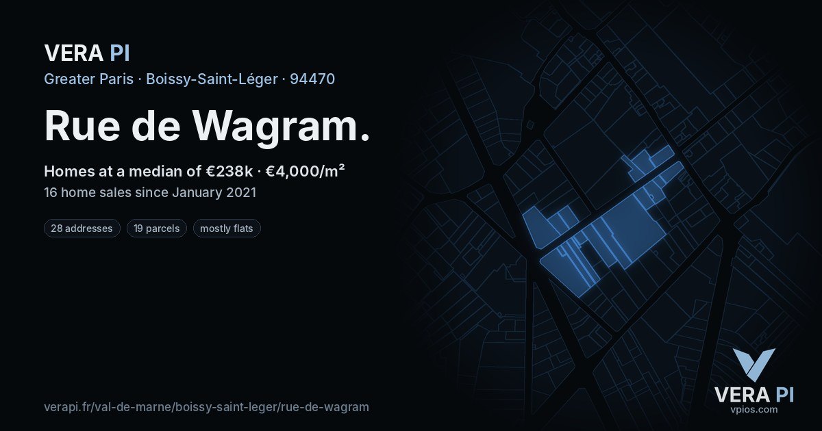 Rue de Wagram, Boissy-Saint-Léger at night – every parcel coloured by the prices around it, the street's own parcels lit