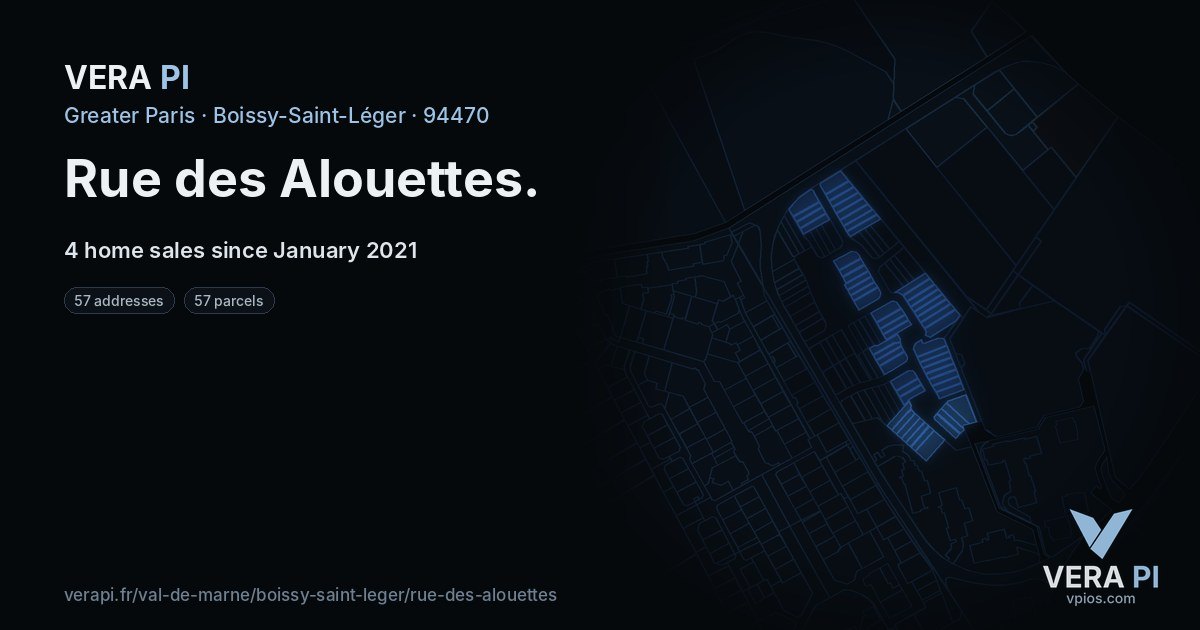 Rue des Alouettes, Boissy-Saint-Léger at night – every parcel coloured by the prices around it, the street's own parcels lit