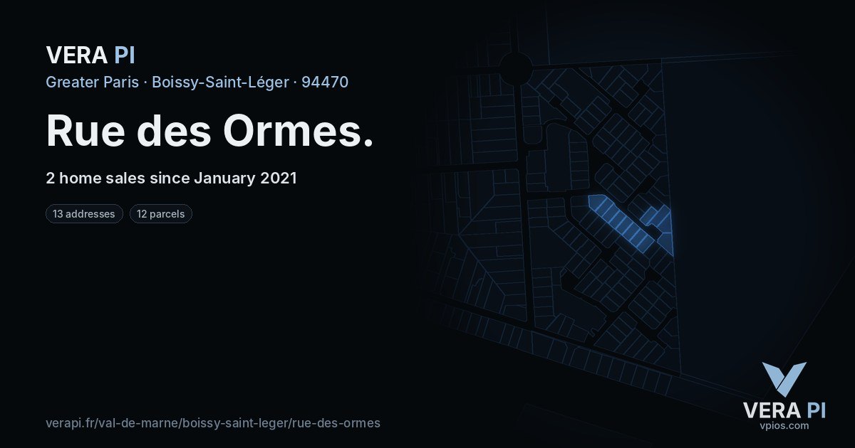 Rue des Ormes, Boissy-Saint-Léger at night – every parcel coloured by the prices around it, the street's own parcels lit