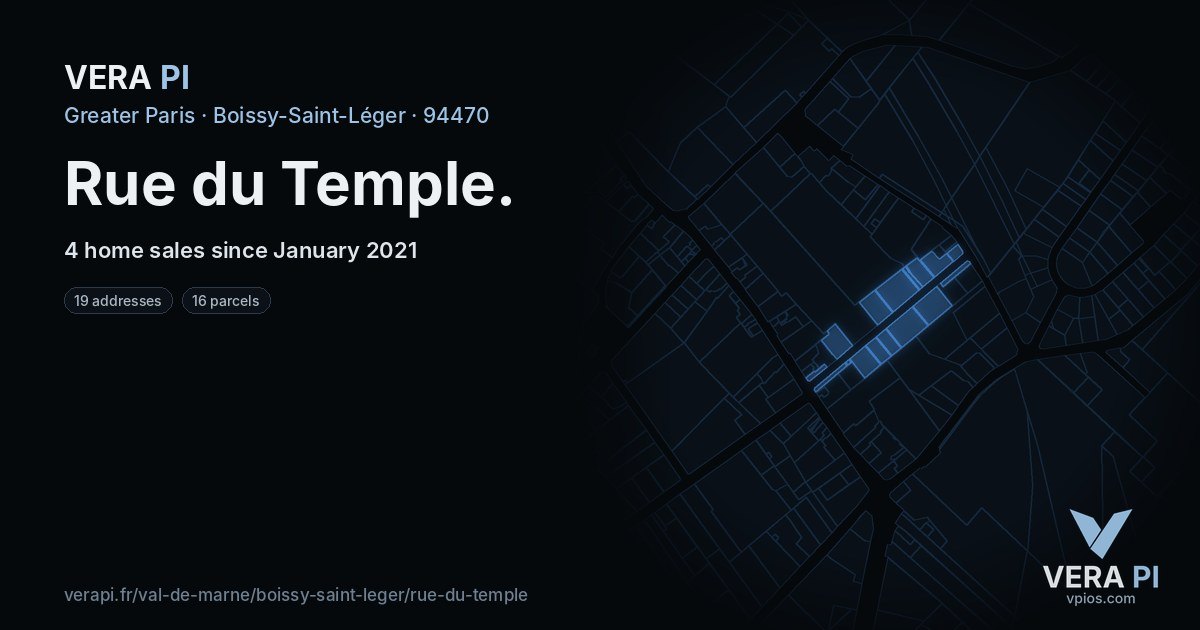 Rue du Temple, Boissy-Saint-Léger at night – every parcel coloured by the prices around it, the street's own parcels lit