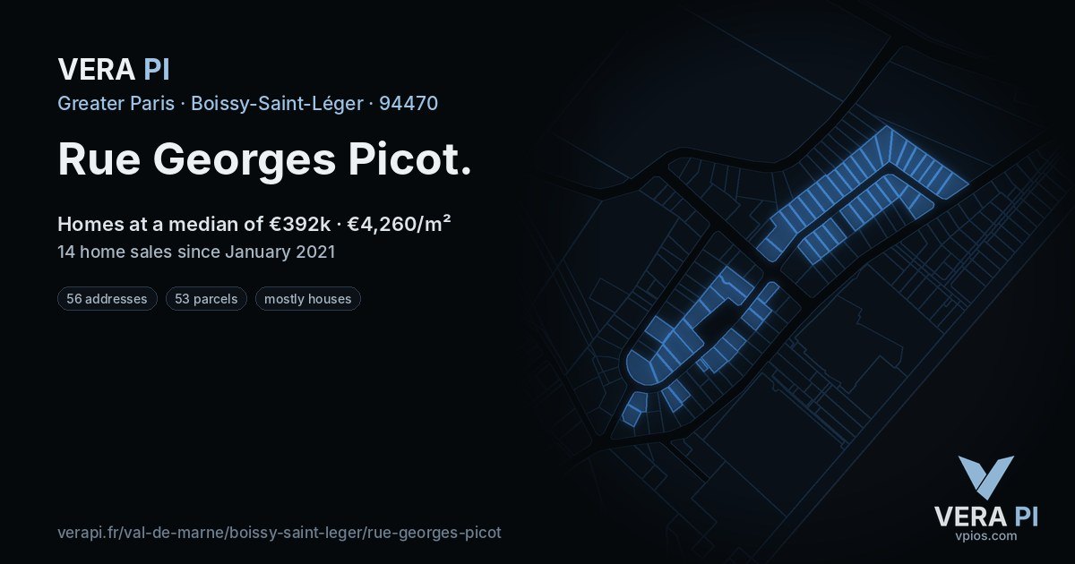 Rue Georges Picot, Boissy-Saint-Léger at night – every parcel coloured by the prices around it, the street's own parcels lit