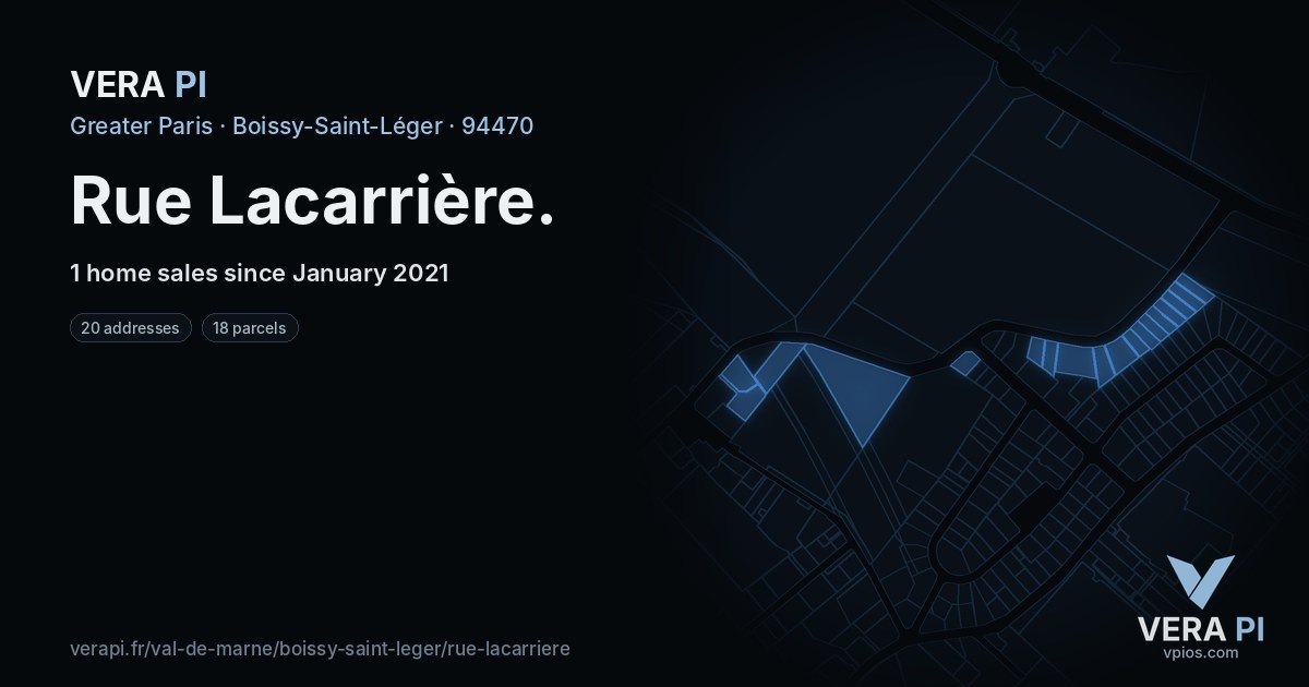 Rue Lacarrière, Boissy-Saint-Léger at night – every parcel coloured by the prices around it, the street's own parcels lit