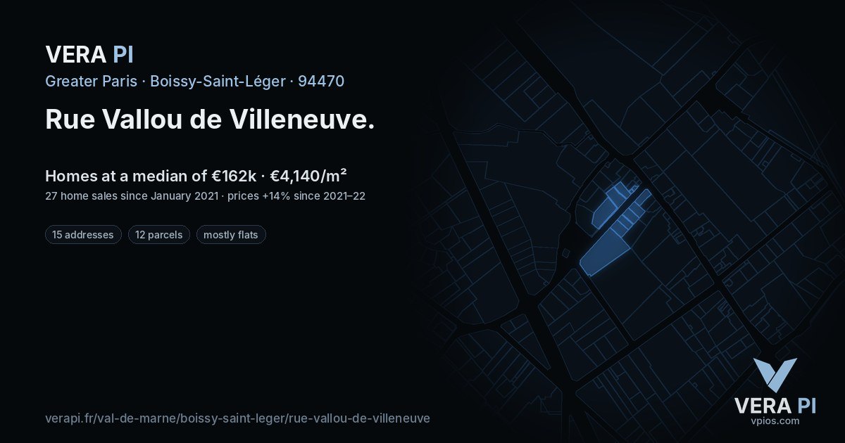 Rue Vallou de Villeneuve, Boissy-Saint-Léger at night – every parcel coloured by the prices around it, the street's own parcels lit