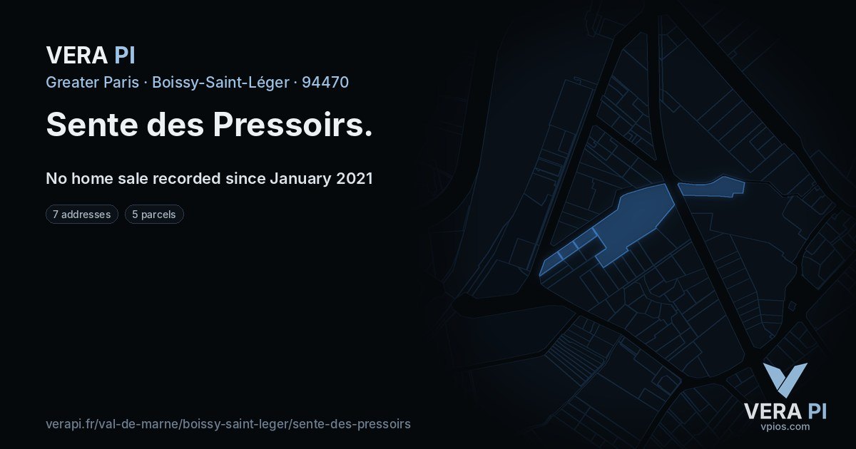 Sente des Pressoirs, Boissy-Saint-Léger at night – every parcel coloured by the prices around it, the street's own parcels lit