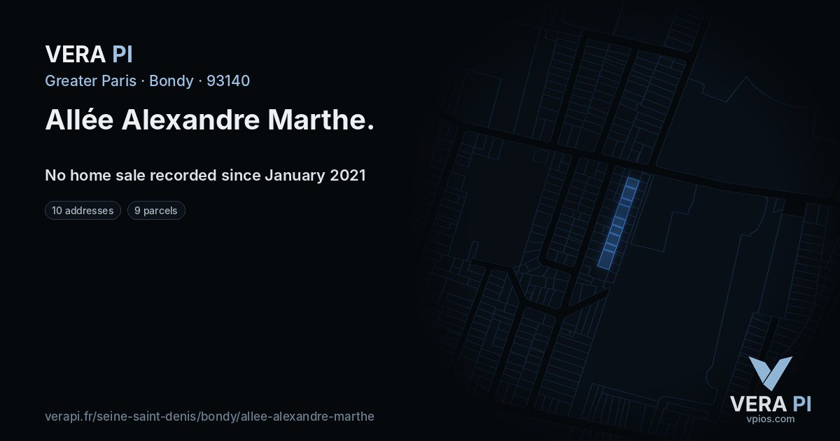 Allée Alexandre Marthe, Bondy at night – every parcel coloured by the prices around it, the street's own parcels lit