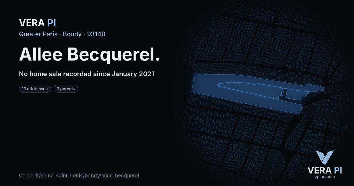 Allee Becquerel, Bondy at night – every parcel coloured by the prices around it, the street's own parcels lit