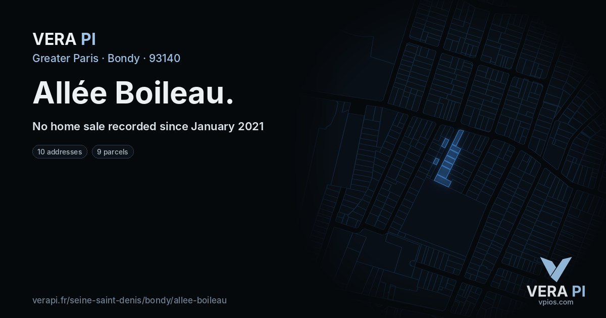 Allée Boileau, Bondy at night – every parcel coloured by the prices around it, the street's own parcels lit