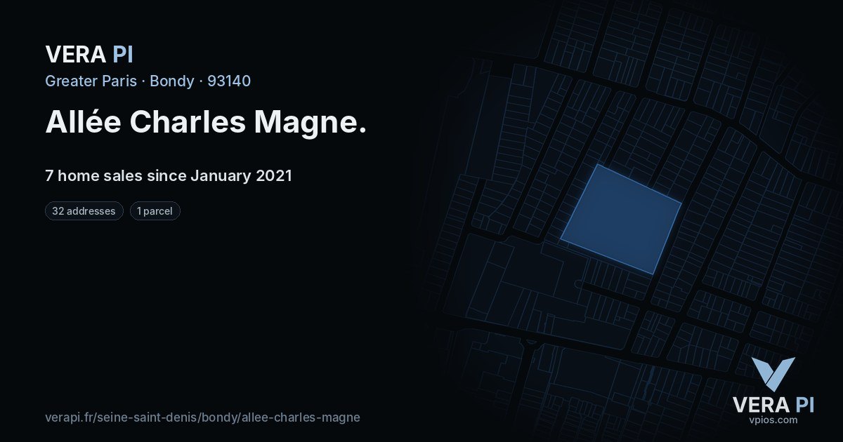 Allée Charles Magne, Bondy at night – every parcel coloured by the prices around it, the street's own parcels lit
