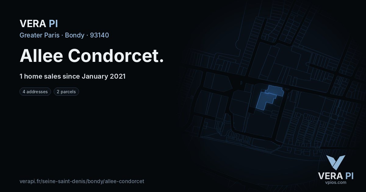 Allee Condorcet, Bondy at night – every parcel coloured by the prices around it, the street's own parcels lit