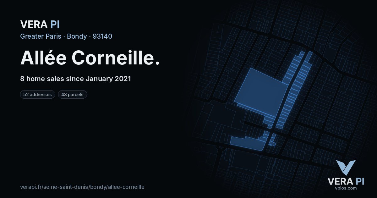 Allée Corneille, Bondy at night – every parcel coloured by the prices around it, the street's own parcels lit
