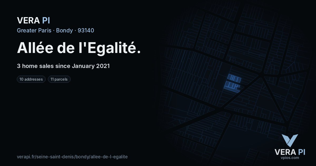 Allée de l'Egalité, Bondy at night – every parcel coloured by the prices around it, the street's own parcels lit