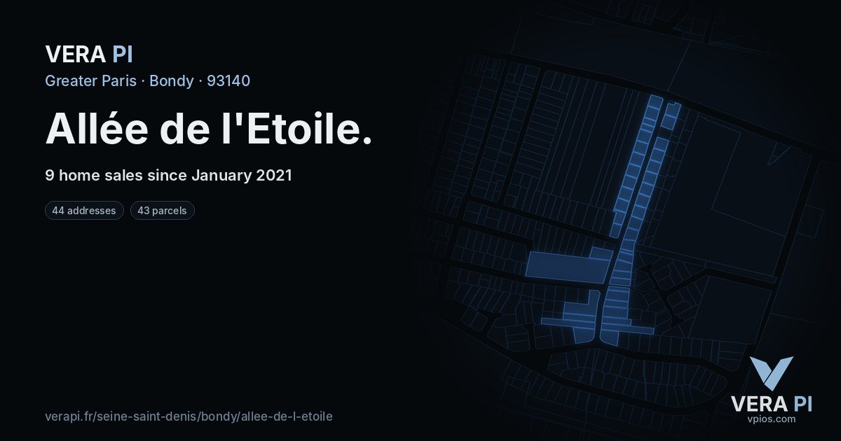 Allée de l'Etoile, Bondy at night – every parcel coloured by the prices around it, the street's own parcels lit